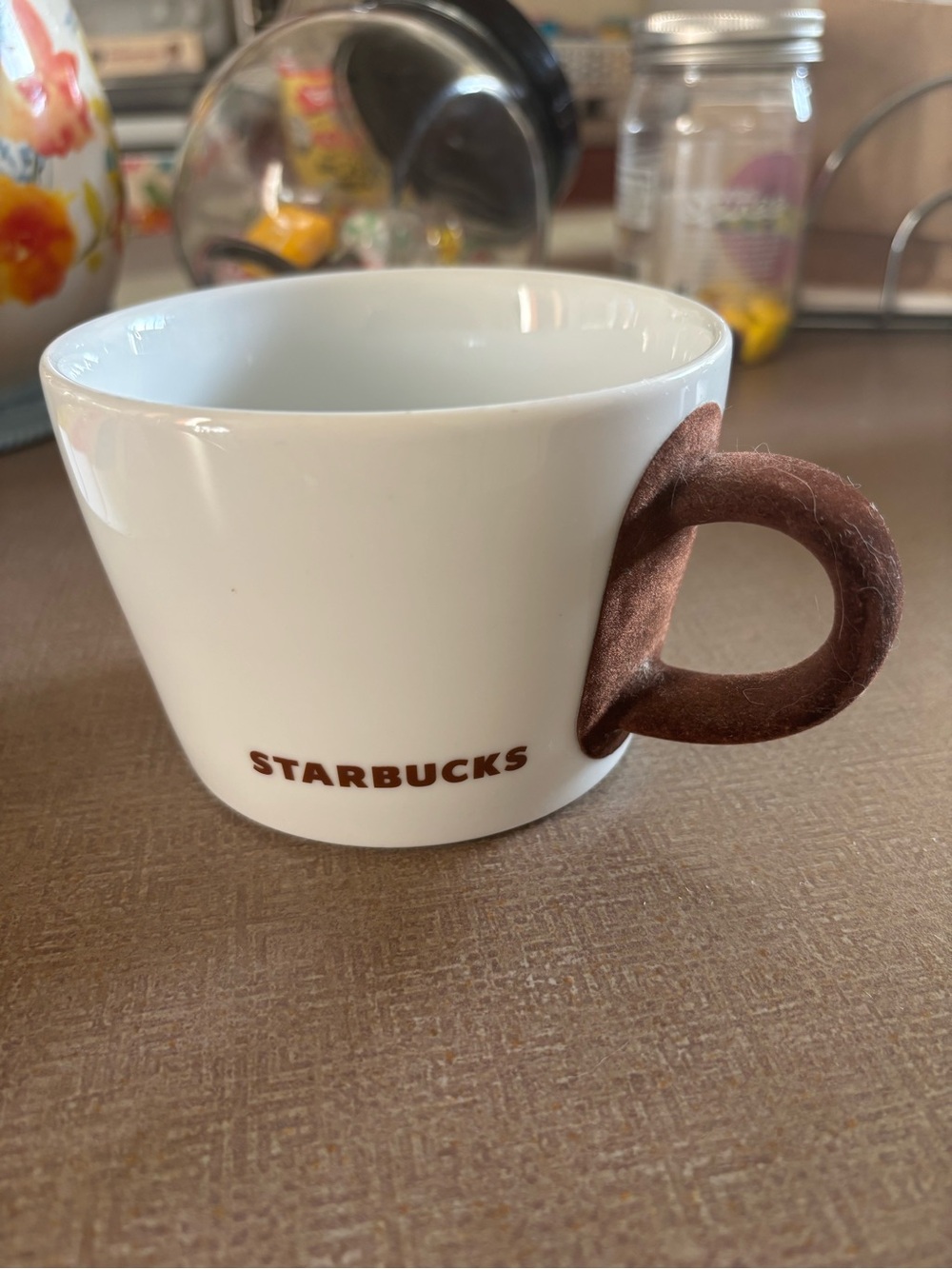 Starbucks White Mug with Brown Suede Handle